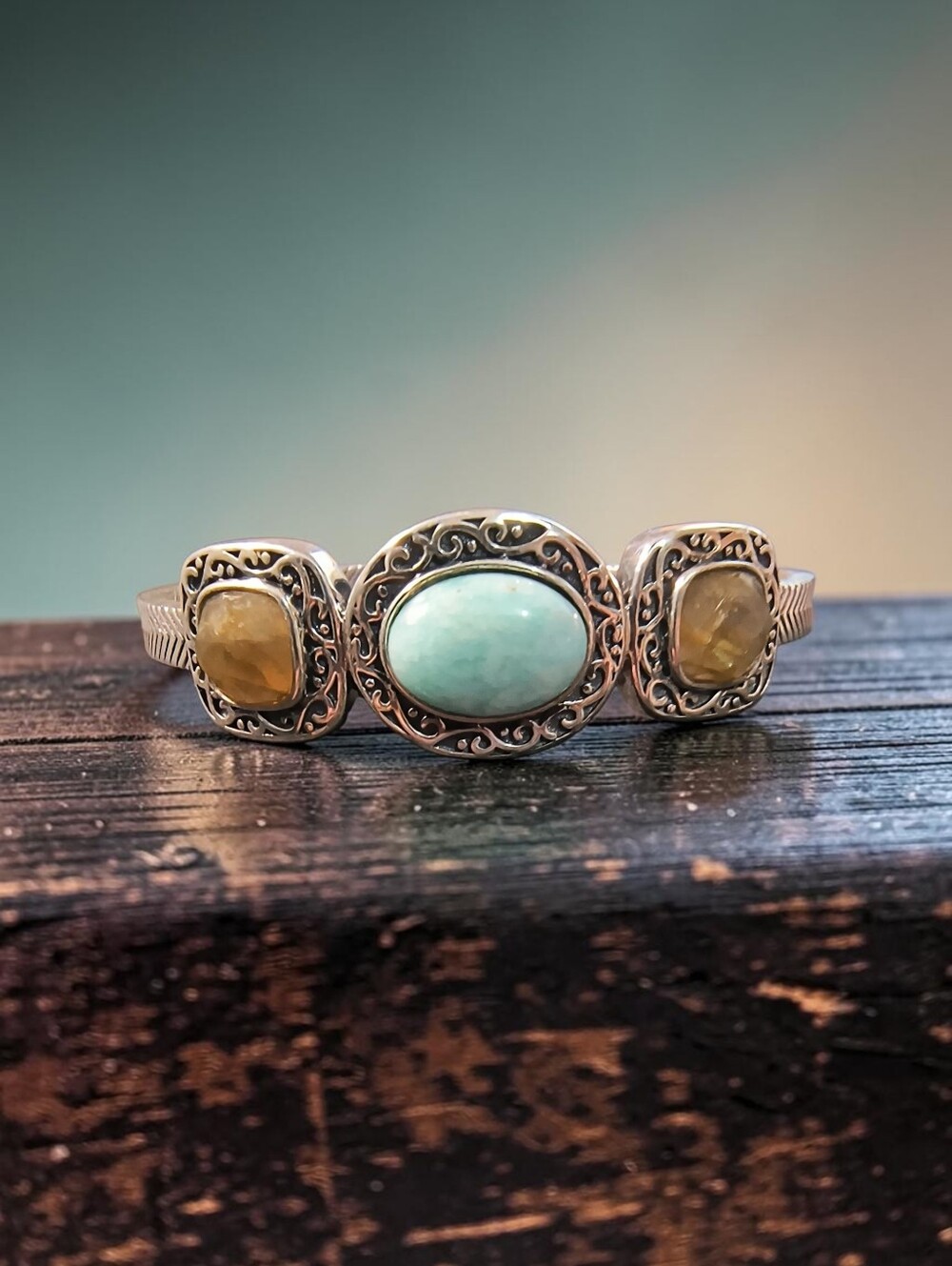 Amazonite, Golden Labradorite & Sterling Silver Hinged Bracelet Size 6 3/4 Inch…